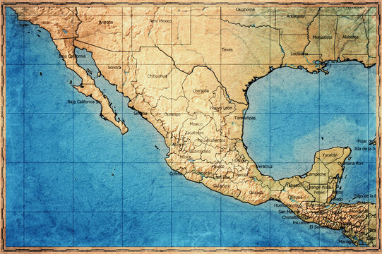 Vintage Map Of Mexico With States On Retro Paper Background
