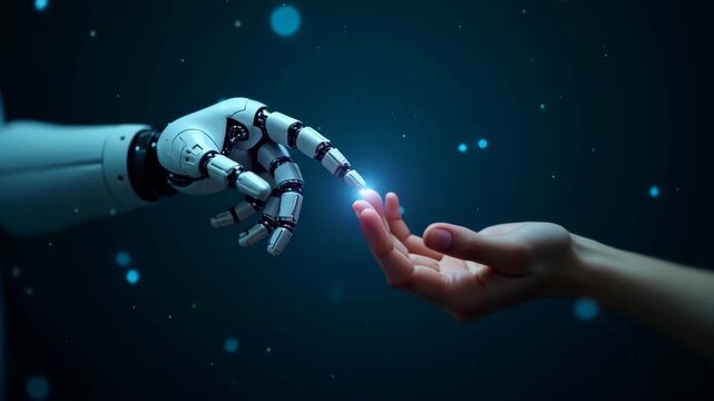 Realistic robot hand touching human hand, glowing fingertip connection point, dark background with bokeh blue particles