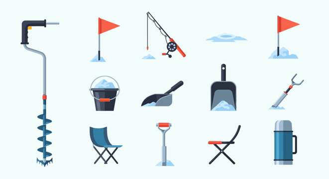Collection of ice fishing gear tools.