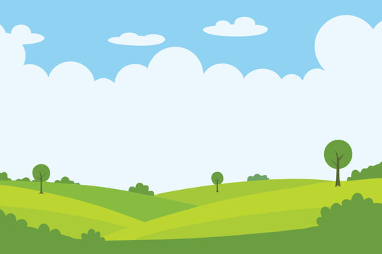 A bright cheerful landscape featuring rolling green hills and clouds