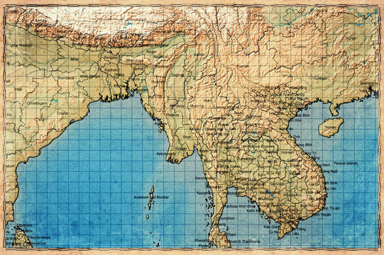 Vintage Map Of Myanmar With States And Regions On Retro Paper Background