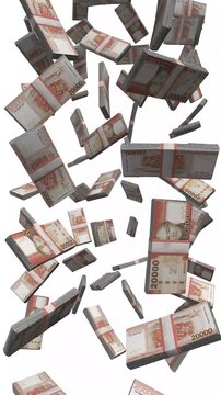Vertical Chile Money, Falling Chilean Peso Bills, Cash Stacks Isolated on White, 4K