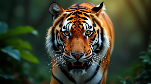 Majestic Bengal tiger face close-up, bokeh jungle green background, vivid orange and black stripes
