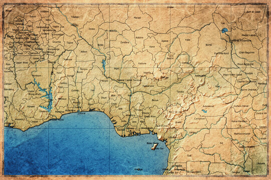 Vintage Map Of Nigeria With States On Retro Paper Background