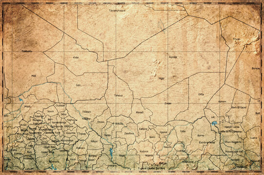 Vintage Map Of Niger With Regions On Retro Paper Background