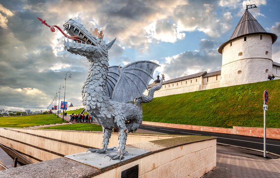 Sculpture of mythical serpent Zilant, the official symbol of Kazan near the Kazan Kremlin, Republic of Tatarstan