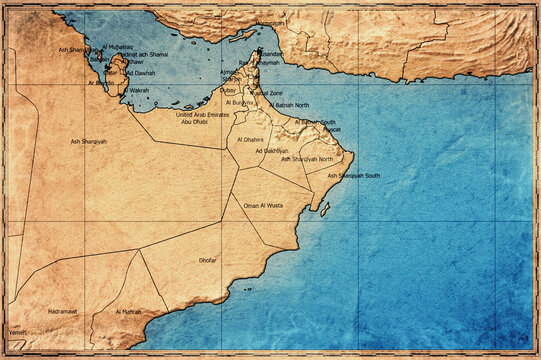 Vintage Map Of Oman With Governorates On Retro Paper Background