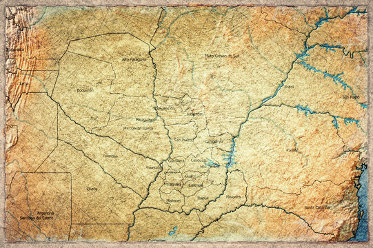 Vintage Map Of Paraguay With Departments On Retro Paper Background