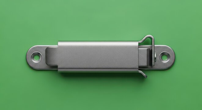 Close-up of a metal latch on a green background.