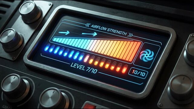 Ceiling cassette air conditioning with ventilation parts concept. Close up of futuristic control panel with airflow strength level and glowing indicators on digital display