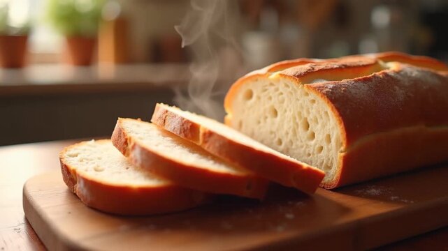 Freshly baked sourdough bread sliced on wooden board,  crust texture with steam rising, bokeh warm kitchen background