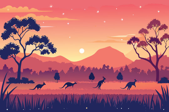 Australian kangaroos silhouetted against a vibrant sunset landscape
