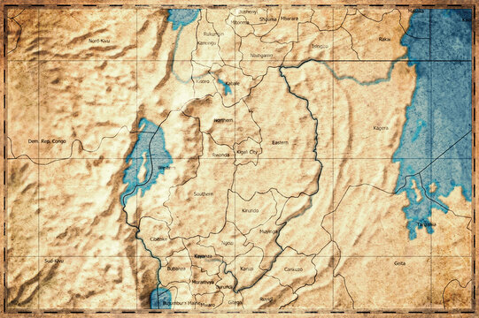Vintage Map Of Rwanda With Provinces On Retro Paper Background