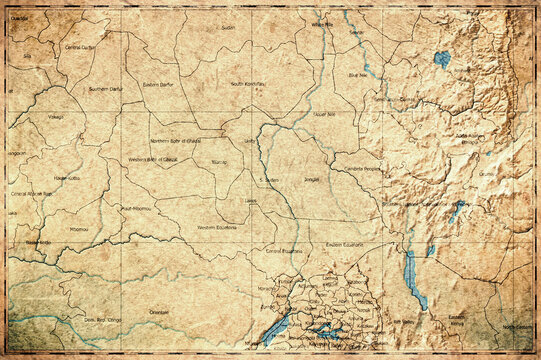 Vintage Map Of South Sudan With States On Retro Paper Background