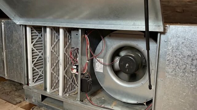 Ceiling cassette air conditioning with ventilation parts concept. Industrial HVAC air handler unit with metal ductwork and filter system in attic space for home climate control