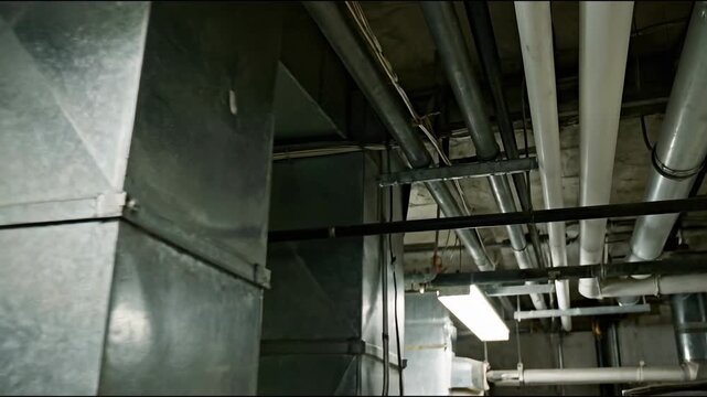 Ceiling cassette air conditioning with ventilation parts concept. Industrial HVAC ductwork and pipes in a commercial building basement with metal ventilation system