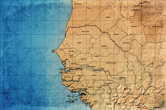 Vintage Map Of Senegal With Regions On Retro Paper Background