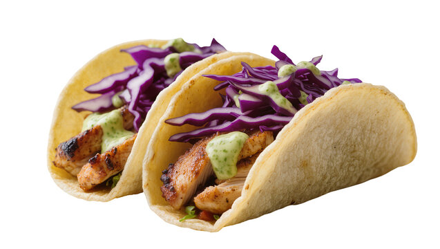 Two delicious grilled chicken tacos with vibrant purple cabbage and creamy green sauce, perfectly isolated PNG on transparent background for Mexican food menus