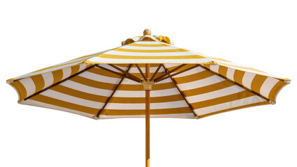 Vibrant yellow and white striped beach umbrella with a sturdy wooden pole, isolated PNG on transparent background, perfect for summer and outdoor designs © Hugo