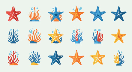 Colorful starfish and coral reef icons. © MUHRODIN