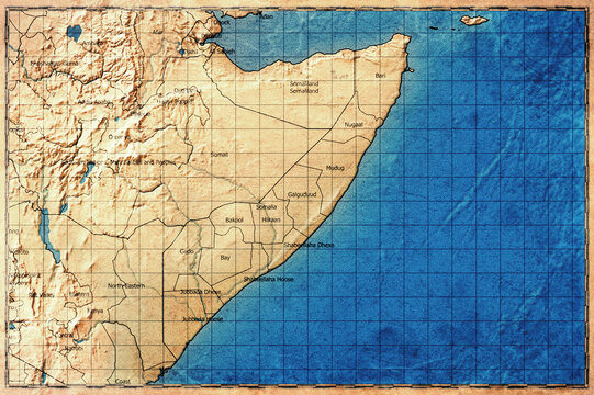 Vintage Map Of Somalia With Federal Member States On Retro Paper Background
