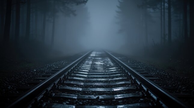 A misty, dark railway track stretches through a dense forest, evoking a mysterious and eerie atmosphere at twilight.