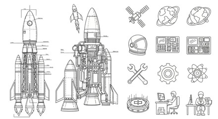 Detailed rocket ship technical drawing. © MUHRODIN