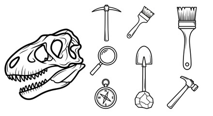 Dinosaur Fossil Hunting Tools Icon Set. © MUHRODIN