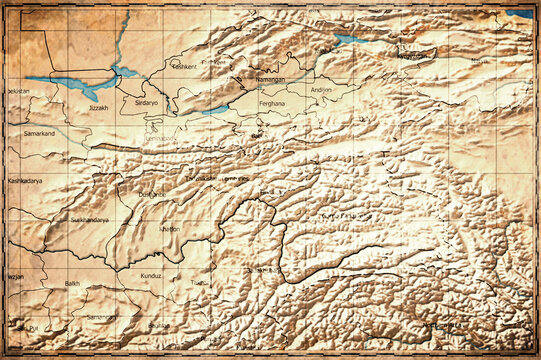Vintage Map Of Tajikistan With Regions On Retro Paper Background