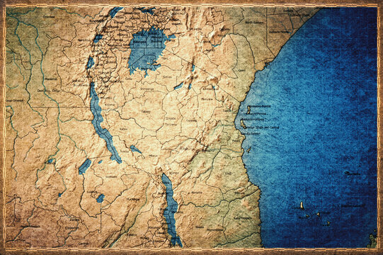 Vintage Map Of Tanzania With Regions On Retro Paper Background