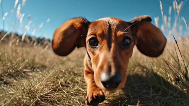 Adorable Dachshund puppy dashes playfully through a sun-drenched grassy field, capturing its energetic spirit and curious gaze at a low, wide-angle perspective