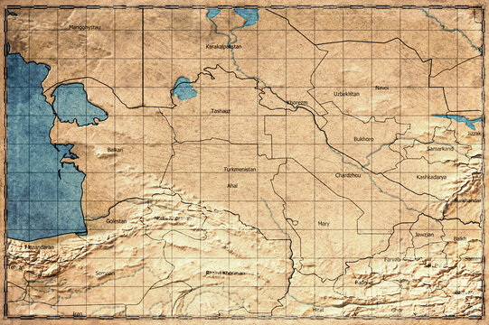 Vintage Map Of Turkmenistan With Regions On Retro Paper Background