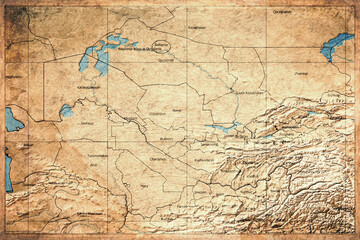 Fototapeta premium Vintage Map Of Uzbekistan With Regions On Retro Paper Background