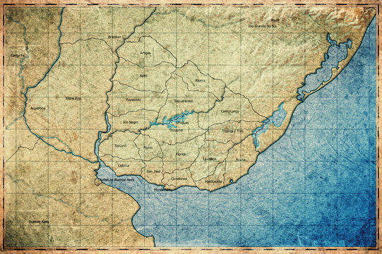 Vintage Map Of Uruguay With Departments On Retro Paper Background