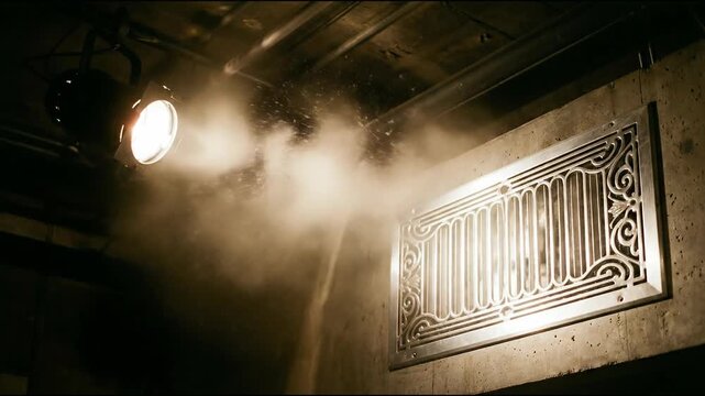 Ceiling cassette air conditioning with ventilation parts concept. Close-up of steam or smoke coming from an industrial vent with dramatic lighting in a dark environment