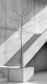 A modern structure features concrete walls and steps in graphite tones. A single tree stands in a planter, drawing attention to light and shadows within the space