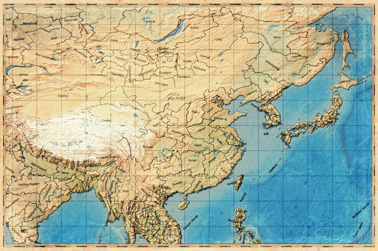 Vintage Map Of East Asia On Retro Paper Background