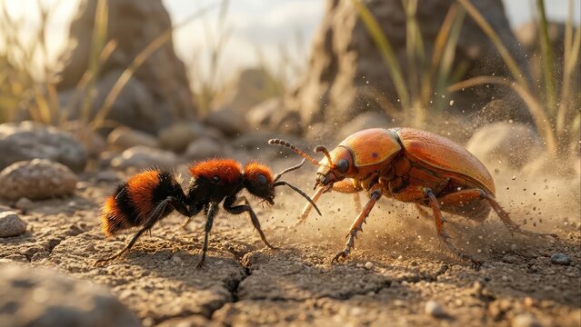 Close-up Cinematic Macro Shot of a Fierce Ant and Beetle Confrontation on Cracked Earth