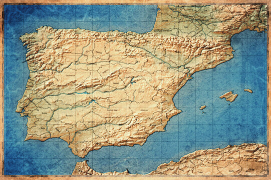 Vintage Map Of Iberian Peninsula On Retro Paper Background