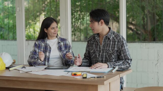 Engineers, architects, and technicians are analyzing structural design drafts in meetings with tabletop blueprints and discussing the project collaboratively in office meetings.