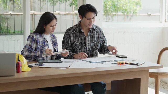 Engineers, architects, and technicians are analyzing structural design drafts in meetings with tabletop blueprints and discussing the project collaboratively in office meetings.