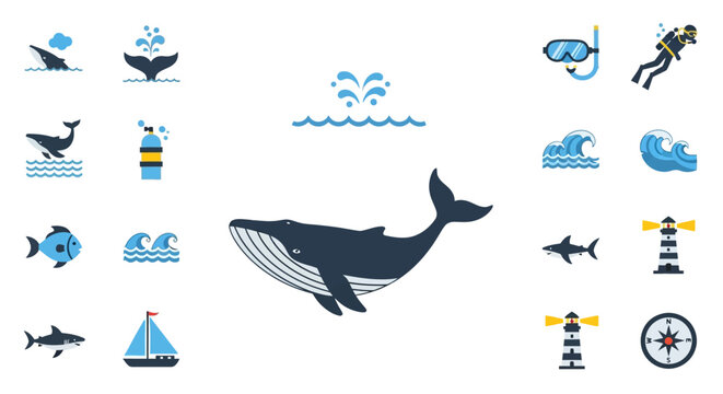 Large dark blue whale icon graphic.