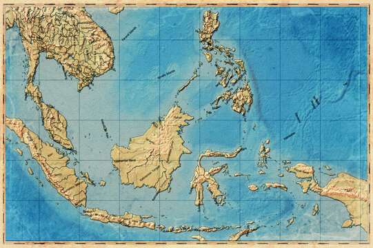 Vintage Map Of Maritime Southeast Asia On Retro Paper Background