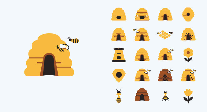 Beehive icons set with insects.