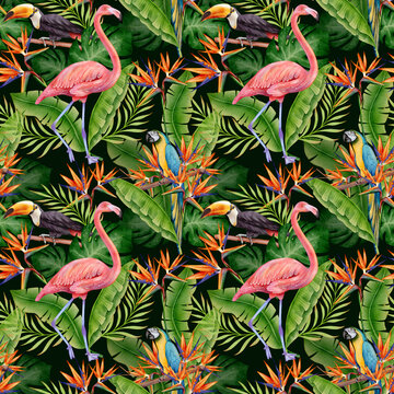 Tropical Flamingo Jungle Seamless Pattern