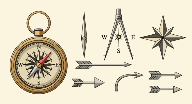 Vintage compass and navigation icons set.