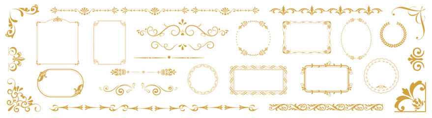 Naklejka premium Elegant gold vintage decorative frames, borders and flourishes set isolated on white background. Luxury classic ornaments for wedding invitations, branding, certificates and design projects.