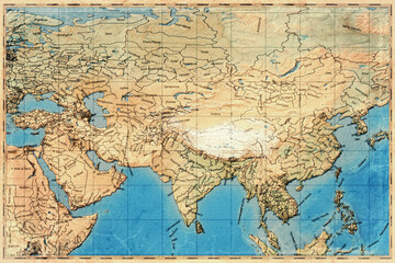 Fototapeta premium Vintage Map Of Silk Road Region On Retro Paper Background