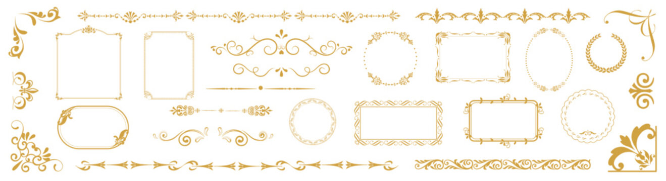 Elegant gold vintage decorative frames, borders and flourishes set isolated on white background. Luxury classic ornaments for wedding invitations, branding, certificates and design projects.