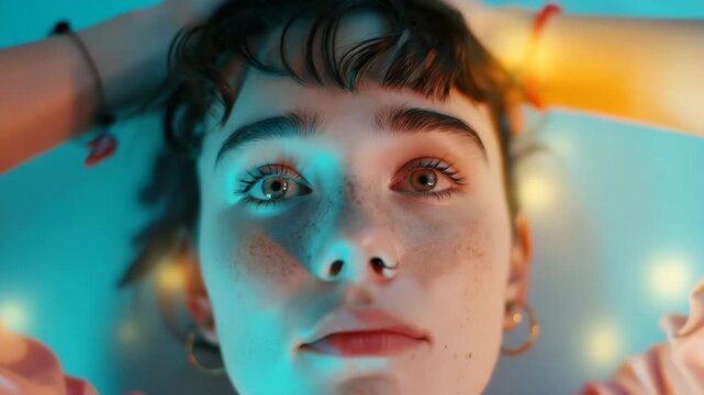 A woman lies on her back in a room filled with colorful lights. She appears deep in thought, gazing upward as she dreams of different thoughts and ideas. Her calm presence invites viewers to reflect